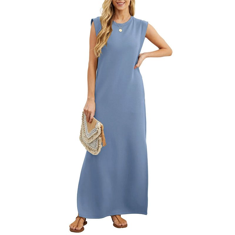 GRECERELLE 2025 Women's Summer Round Neck Casual Loose Split Wrinkleless Mid-length Dress with Pockets (XS-3XL) black XXL