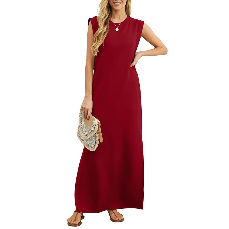 GRECERELLE 2025 Women's Summer Round Neck Casual Loose Split Wrinkleless Mid-length Dress with Pockets (XS-3XL) black XXL