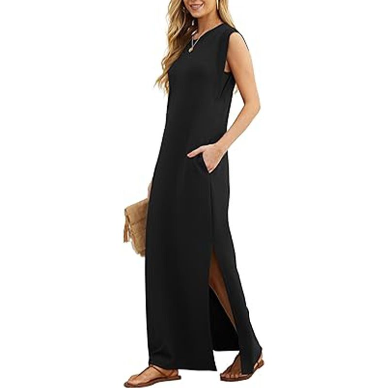 GRECERELLE 2025 Women's Summer Round Neck Casual Loose Split Wrinkleless Mid-length Dress with Pockets (XS-3XL) black XXL