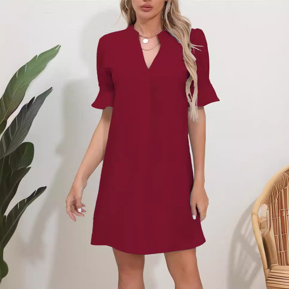 Amazon 2025 European and American cross-border foreign trade summer new solid color V-neck loose condensed five-quarter sleeve dress for women black L