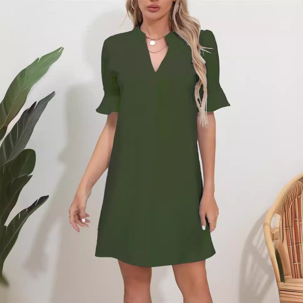 Amazon 2025 European and American cross-border foreign trade summer new solid color V-neck loose condensed five-quarter sleeve dress for women black L