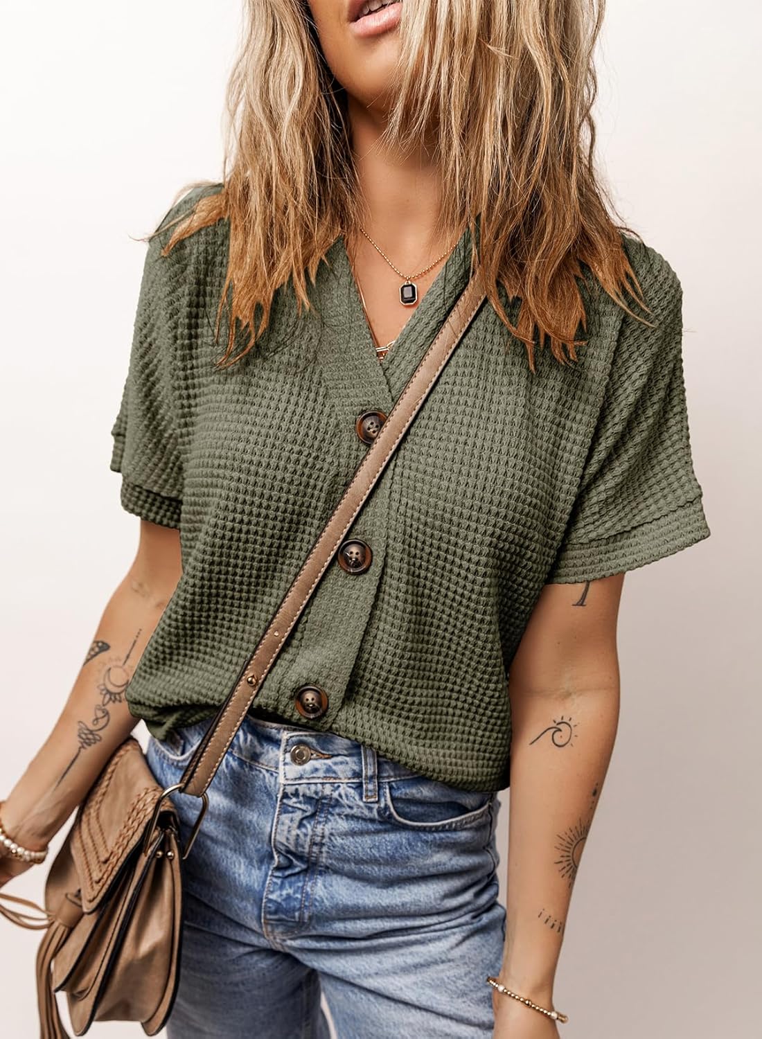 Womens Summer Tops 2025 Waffle Knit Button Down Shirts Casual V Neck Short Sleeve Shacket Jacket Dressy Blouses BLACK S