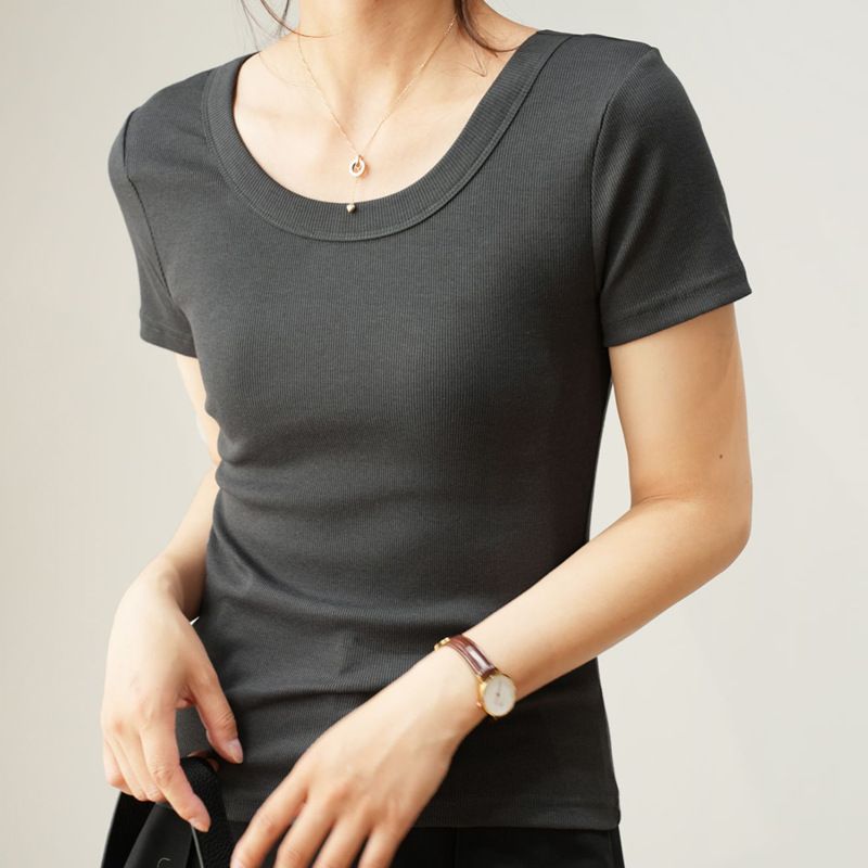 Selected premium cotton U-neck T-shirt women's short sleeved 2025 summer new style loose and slimming high-end T-shirt top base shirt Gray S