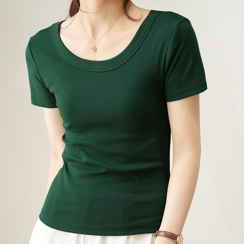 Selected premium cotton U-neck T-shirt women's short sleeved 2025 summer new style loose and slimming high-end T-shirt top base shirt Gray S