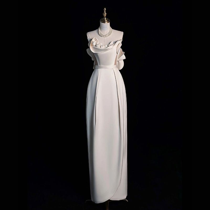 French strapless light wedding dress with high-end feel for brides, niche morning gowns, retro fish tail dresses for going out, small satin dresses White One size