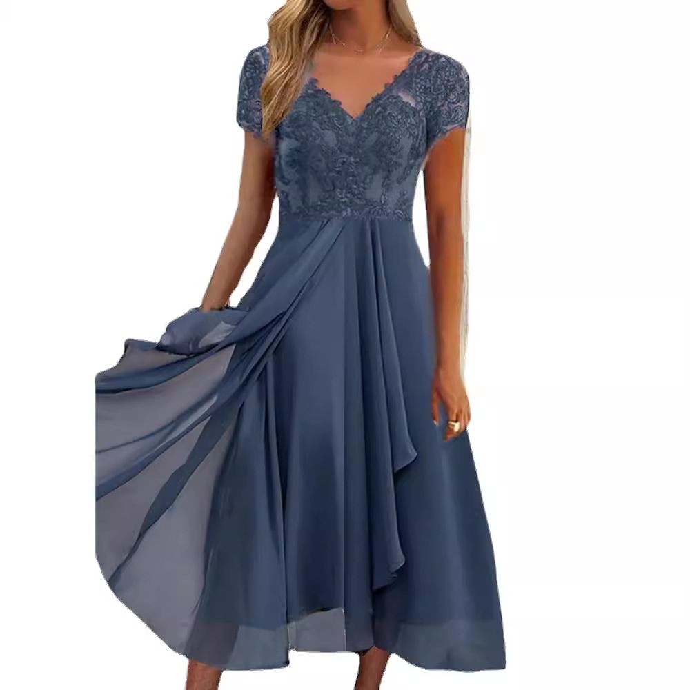2023 European Station Cross border Amazon Dress Chiffon Splicing V-neck Lace Hollow Skirt Bridesmaid Evening Dress Blue One size