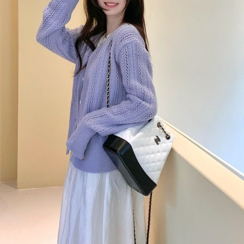 Purple hollow sweater thin jacket for women in spring and summer 2024, simple and gentle style cardigan temperament, knitted sweater top White one size