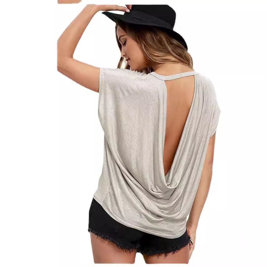 Cross border new foreign trade women's clothing AliExpress eBay Amazon hot selling hot selling item European and American women's clothing solid color backless T-shirt Gray S