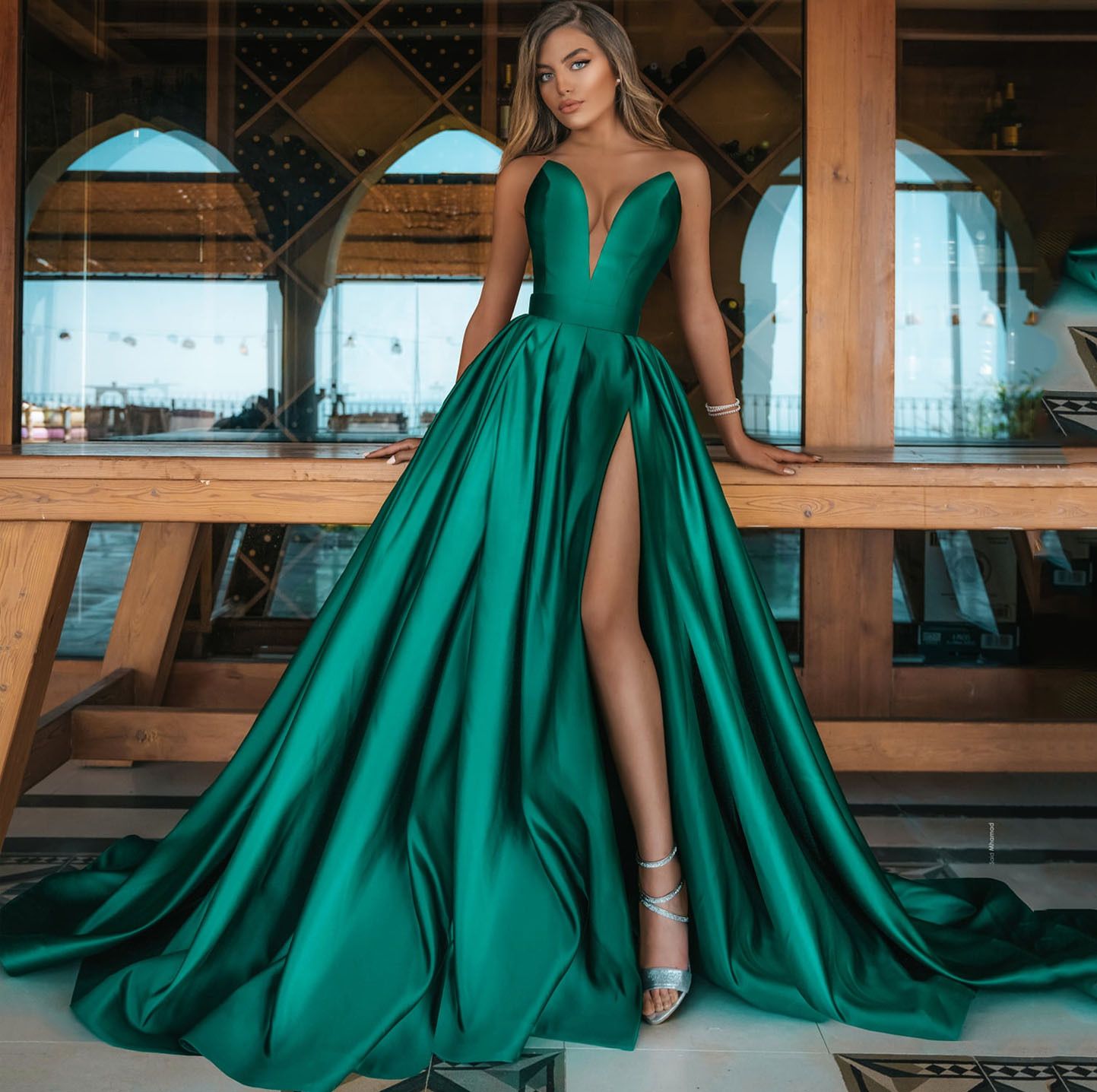 2025 Autumn Winter New Style Cross border Foreign Trade Women's Clothing Amazon Sexy Deep V Split Long Dress Wedding Dress Red One size