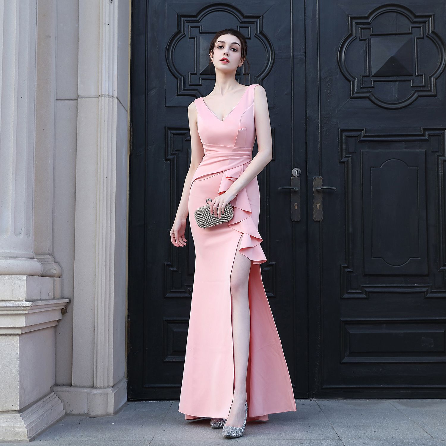 18173 # Toast Dress Bridal Long Sleeveless Red Appreciation Banquet Slimming Fishtail Skirt Wedding Car Model Exhibition Dress Black One size