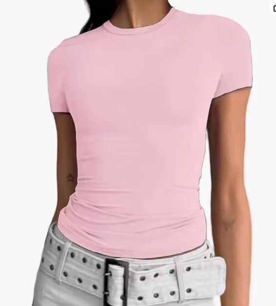 European and American women's casual short sleeved t-shirt, spring and autumn solid color slim fit pullover t-shirt, women's streetwear base shirt, top Gray S