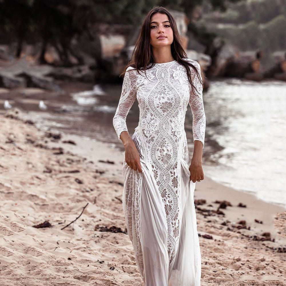 2025 Spring New European and American Women's Ladies' Banquet Wedding Dress Round Neck Long Sleeve Printed Bareback Lace Dress White One size
