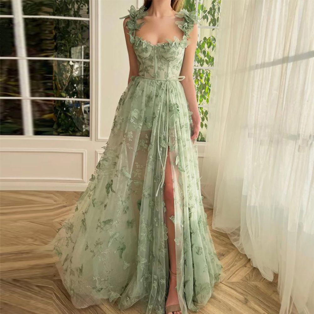 Cross border European and American Amazon women's wedding dress, sheer suspender, sleeveless, high slit bridal party, beach dress Light green One size