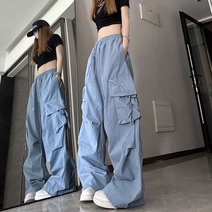 American retro niche work pants with women's three-dimensional pockets, high waisted straight leg, wide leg straps, loose casual floor length pants Blue XL