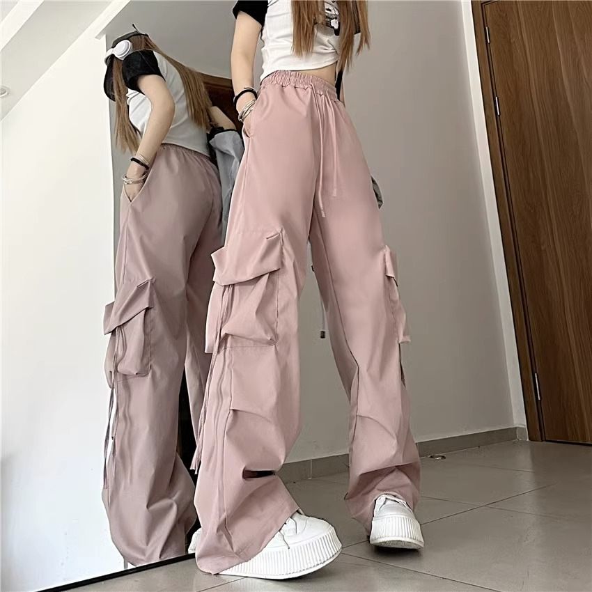 American retro niche work pants with women's three-dimensional pockets, high waisted straight leg, wide leg straps, loose casual floor length pants Blue XL