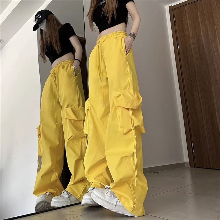 American retro niche work pants with women's three-dimensional pockets, high waisted straight leg, wide leg straps, loose casual floor length pants Blue XL