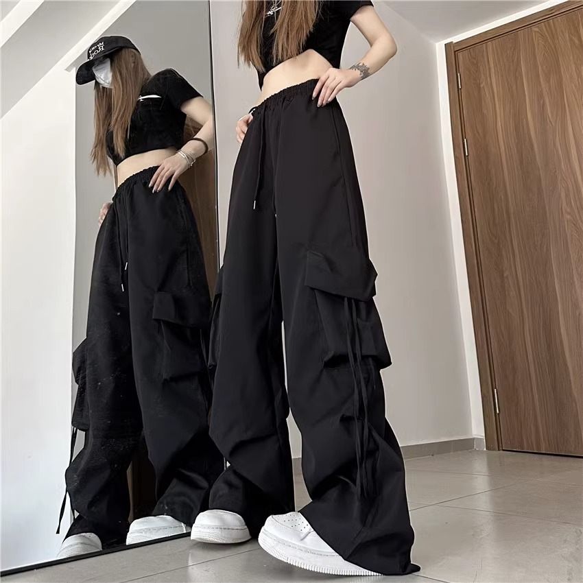 American retro niche work pants with women's three-dimensional pockets, high waisted straight leg, wide leg straps, loose casual floor length pants Blue XL
