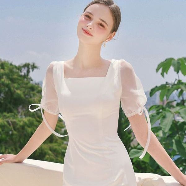 French light wedding dress with satin simple and niche design, short sleeved fish tail white evening dress, bridal welcome and departure veil White One size