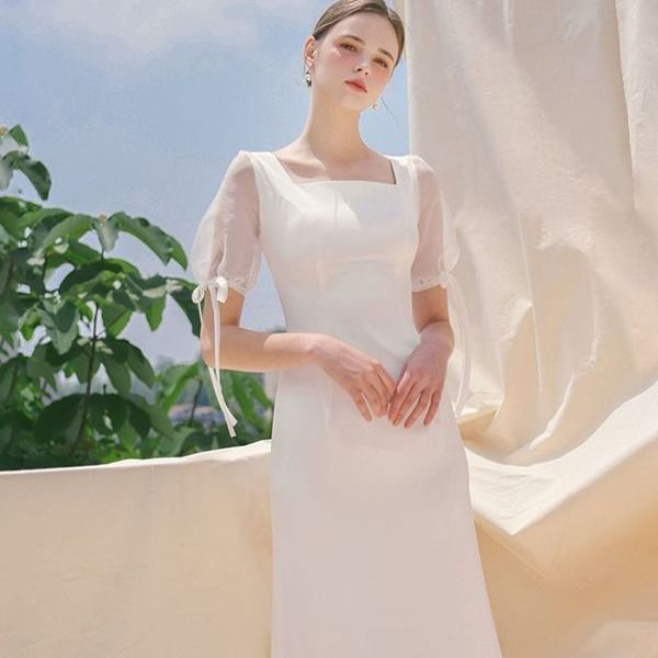 French light wedding dress with satin simple and niche design, short sleeved fish tail white evening dress, bridal welcome and departure veil White One size