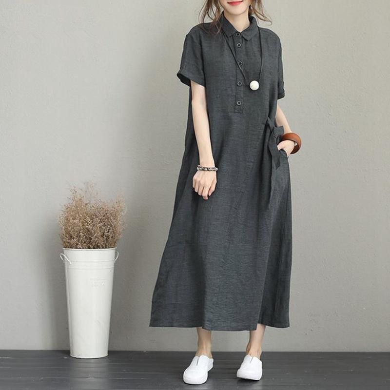 Cross border new POLO collar cotton linen lapel short sleeved loose pocket temperament women's casual dress black S