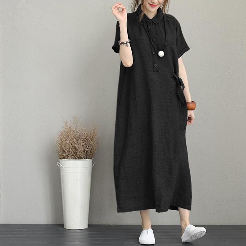 Cross border new POLO collar cotton linen lapel short sleeved loose pocket temperament women's casual dress black S