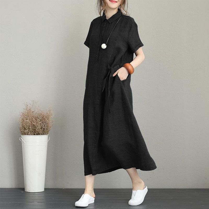 Cross border new POLO collar cotton linen lapel short sleeved loose pocket temperament women's casual dress black S