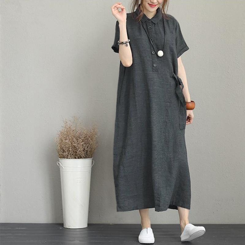 Cross border new POLO collar cotton linen lapel short sleeved loose pocket temperament women's casual dress black S