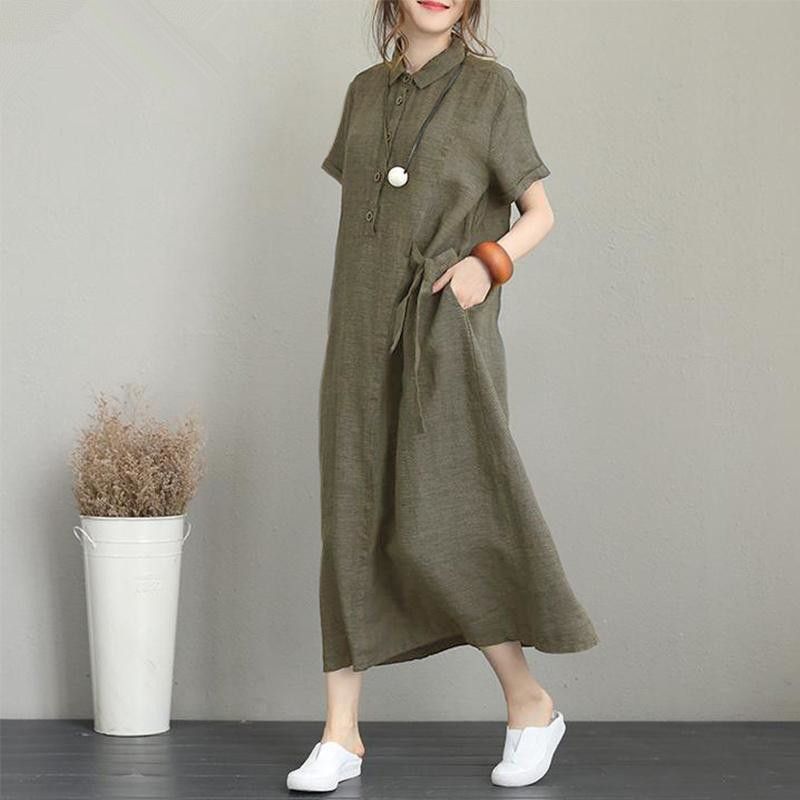 Cross border new POLO collar cotton linen lapel short sleeved loose pocket temperament women's casual dress black S