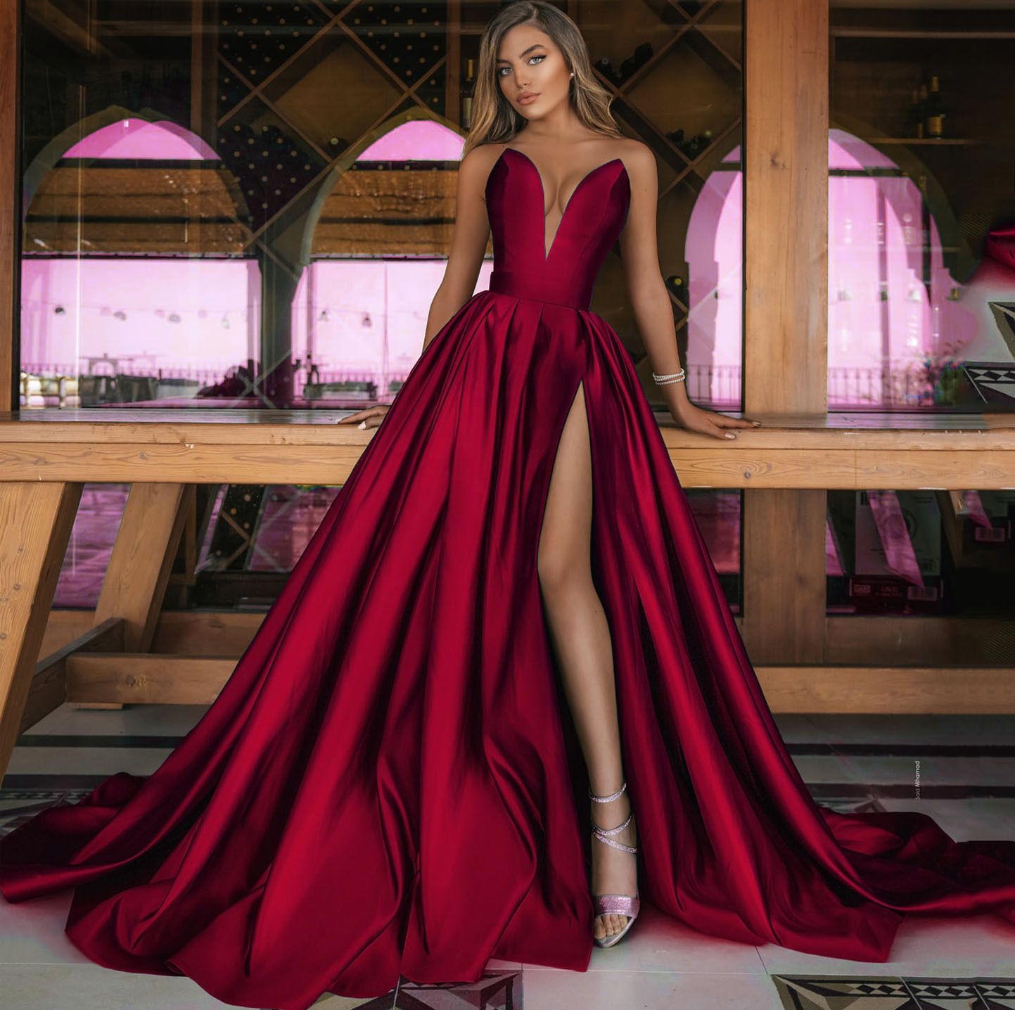 2025 Autumn Winter New Style Cross border Foreign Trade Women's Clothing Amazon Sexy Deep V Split Long Dress Wedding Dress Red One size