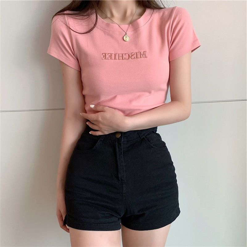 Wholesale 2024 summer new Korean version letter embroidery slim fit short sleeved T-shirt for female students, foreign trade women's clothing trend pink M