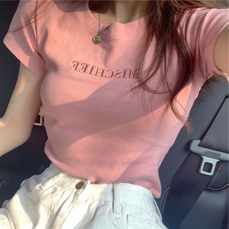 Wholesale 2024 summer new Korean version letter embroidery slim fit short sleeved T-shirt for female students, foreign trade women's clothing trend pink M