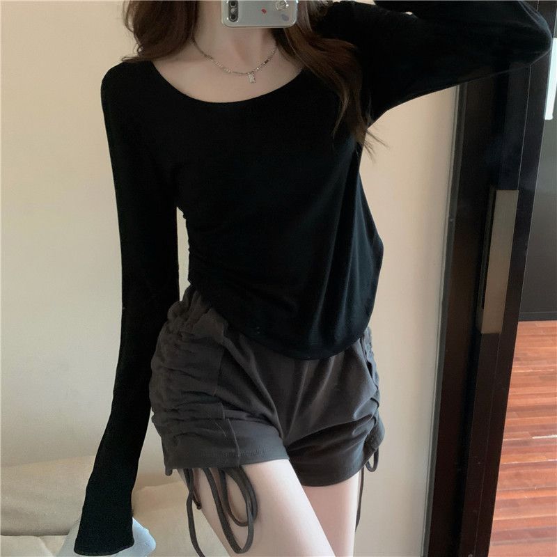 Long sleeved T-shirt for women in spring 2024, irregular slim fit, short top for girls, spicy girl base shirt Gray S