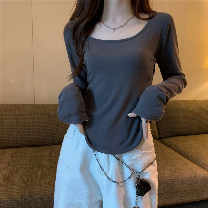 Long sleeved T-shirt for women in spring 2024, irregular slim fit, short top for girls, spicy girl base shirt Gray S