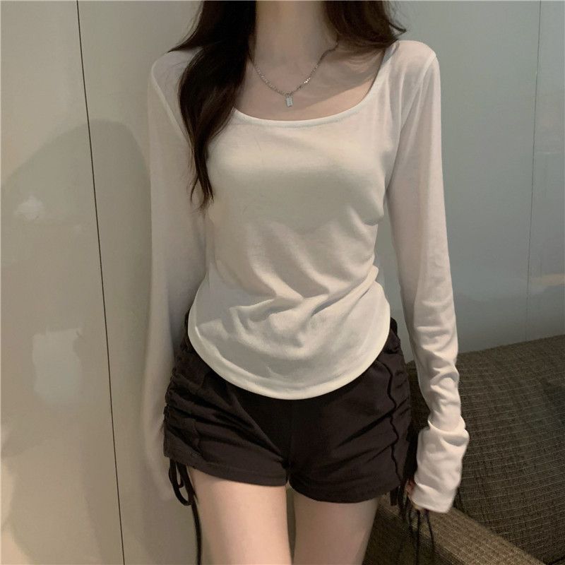 Long sleeved T-shirt for women in spring 2024, irregular slim fit, short top for girls, spicy girl base shirt Gray S