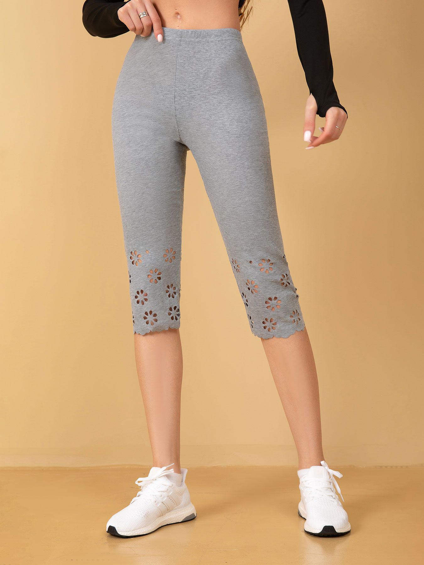 FBMWomen's cropped pants with cut-out hot stamping base gray skin Gray S