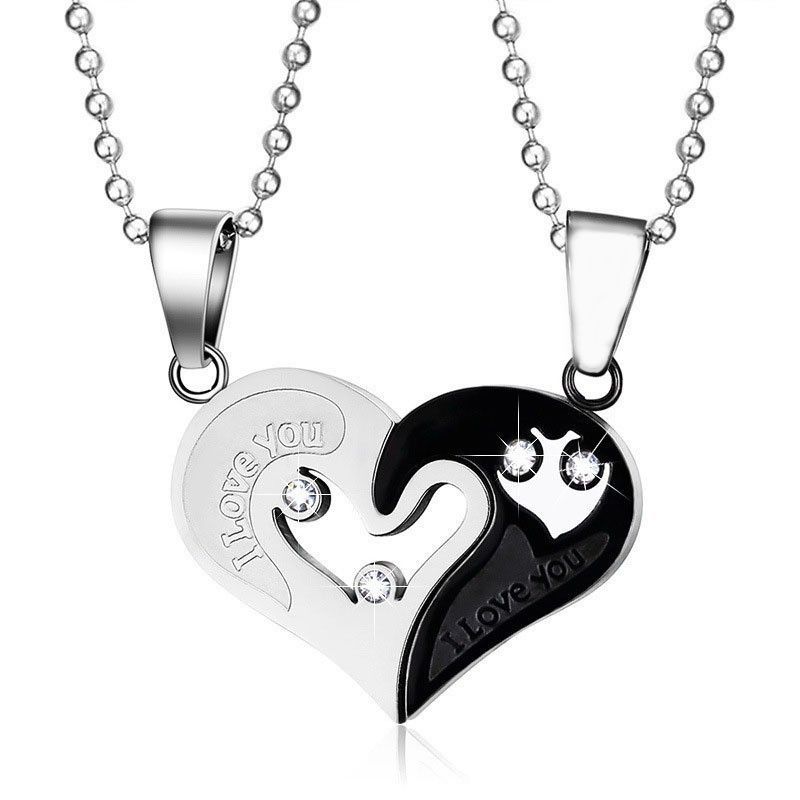 2Pcs/Set Couple Heart Shape I Love You Pendant Necklace Lovers Couples Jewelry Valentine's Gift，Fashion Couple Necklace Jewelry Unisex Lovers Couples Necklaces & Pendants Black+silver As picture