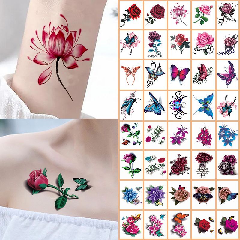 20pcs D Temporary Tattoo Stickers – Waterproof Rose & Butterfly Collarbone Body Art | Easy to Apply & Clean Long-Lasting Desig A One Size