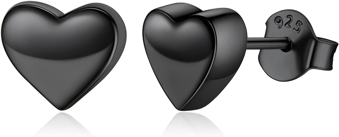 Hypoallergenic 925 Sterling Silver Stud Earrings, Dainty Simple Heart/Star/Moon/Lightning/Sun Earrings for Women black as picture
