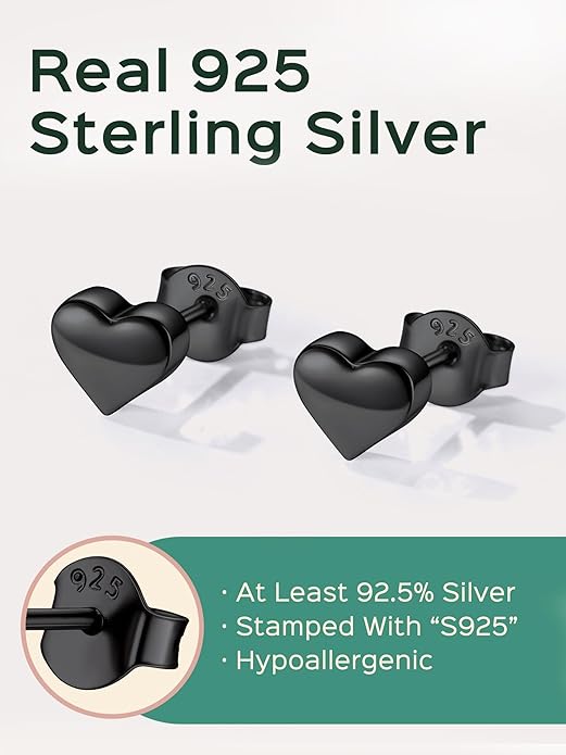 Hypoallergenic 925 Sterling Silver Stud Earrings, Dainty Simple Heart/Star/Moon/Lightning/Sun Earrings for Women black as picture