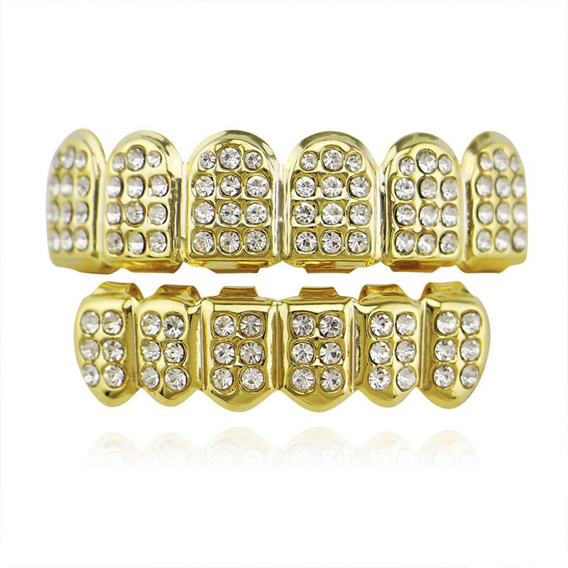 Diamond studded hip-hop braces, full diamond hip-hop, gold-plated silver fake braces, cross-border Amazon 01 one size