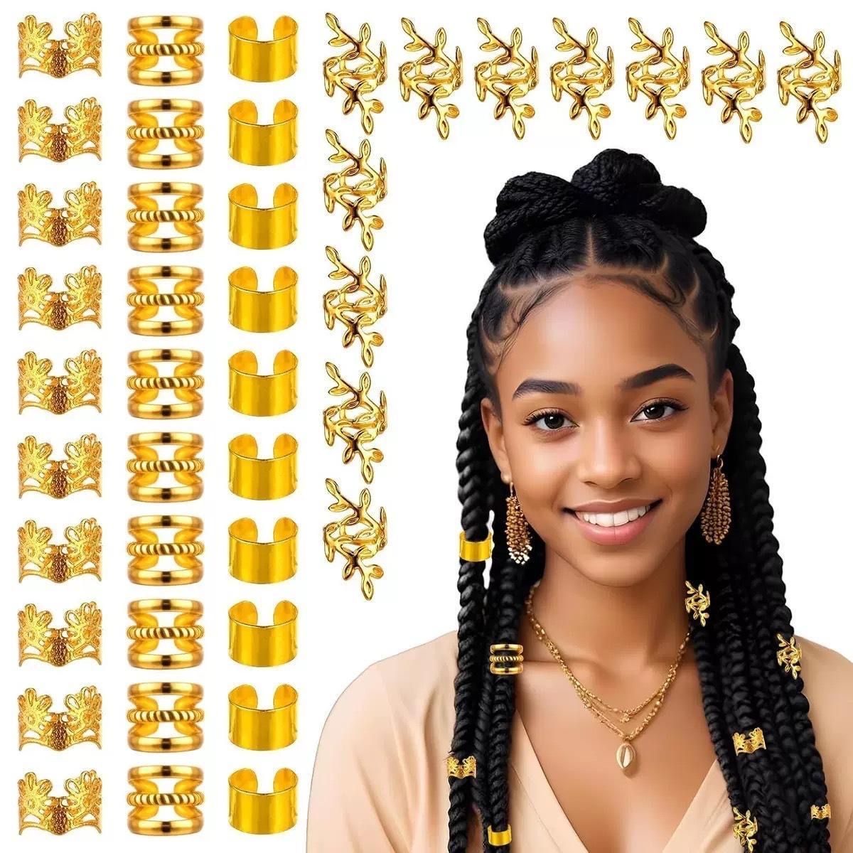 50 pieces of golden Dreadlock Locs hair accessories, suitable for women and girls' braid hair rings, adjustable cuff braided hair ring decoration gold as picture
