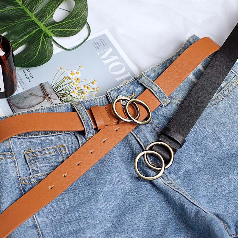 Double Ring Belts For Women Fashion Dress Jeans Belt PU Leather Metal Buckle Heart Pin Waist Belts Lady Girls Leisure Waistbands Black one size