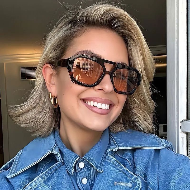 Double beam irregular sunglasses, American retro personalized square sunglasses, summer sunshade sunglasses Leopard print frame as picture