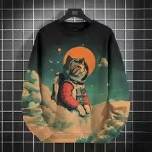 Japanese Pattern Sweatshirts For Men Space Cat 3D Printed Pullover Tops Autumn Oversized O-Neck Hoodies Long Sleeves Clothing 01 S