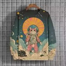Japanese Pattern Sweatshirts For Men Space Cat 3D Printed Pullover Tops Autumn Oversized O-Neck Hoodies Long Sleeves Clothing 01 S