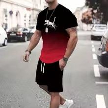 New Summer Vacation Leisure Daily 3D Men's Sports Wear Large Round Neck Short sleeved T-shirt Shorts Set Casual Street Clothing Black S