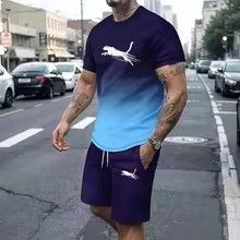 New Summer Vacation Leisure Daily 3D Men's Sports Wear Large Round Neck Short sleeved T-shirt Shorts Set Casual Street Clothing Black S