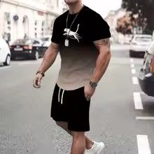 New Summer Vacation Leisure Daily 3D Men's Sports Wear Large Round Neck Short sleeved T-shirt Shorts Set Casual Street Clothing Black S