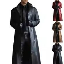 Men Jacket Turn-down Collar Smooth Faux Leather Men Fall Coat Windproof Streetwear Slim Fit Long Sleeve Men Trench Coat Black M