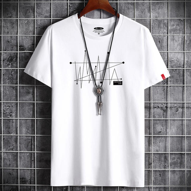 Cotton high-quality summer t-shirt fashion casual men's short-sleeved t-shirt geometric dotted line creative graphics White S